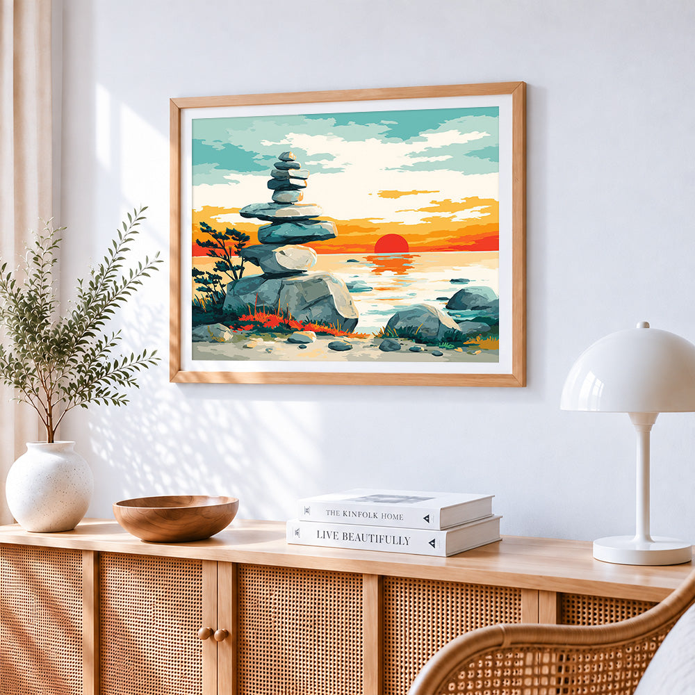 Zen balanced stones at sunset paint by numbers artwork displayed on wall as home decor