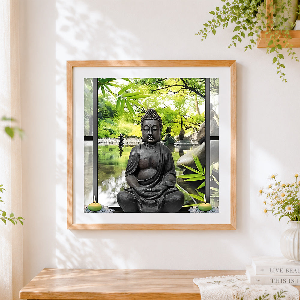 Finished zen buddha by the window cross stitch artwork displayed