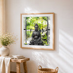 Zen buddha by the window cross stitch artwork displayed on wall as home decor