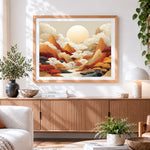 Finished zen clouds mountains and sun paint by numbers artwork displayed as home decor