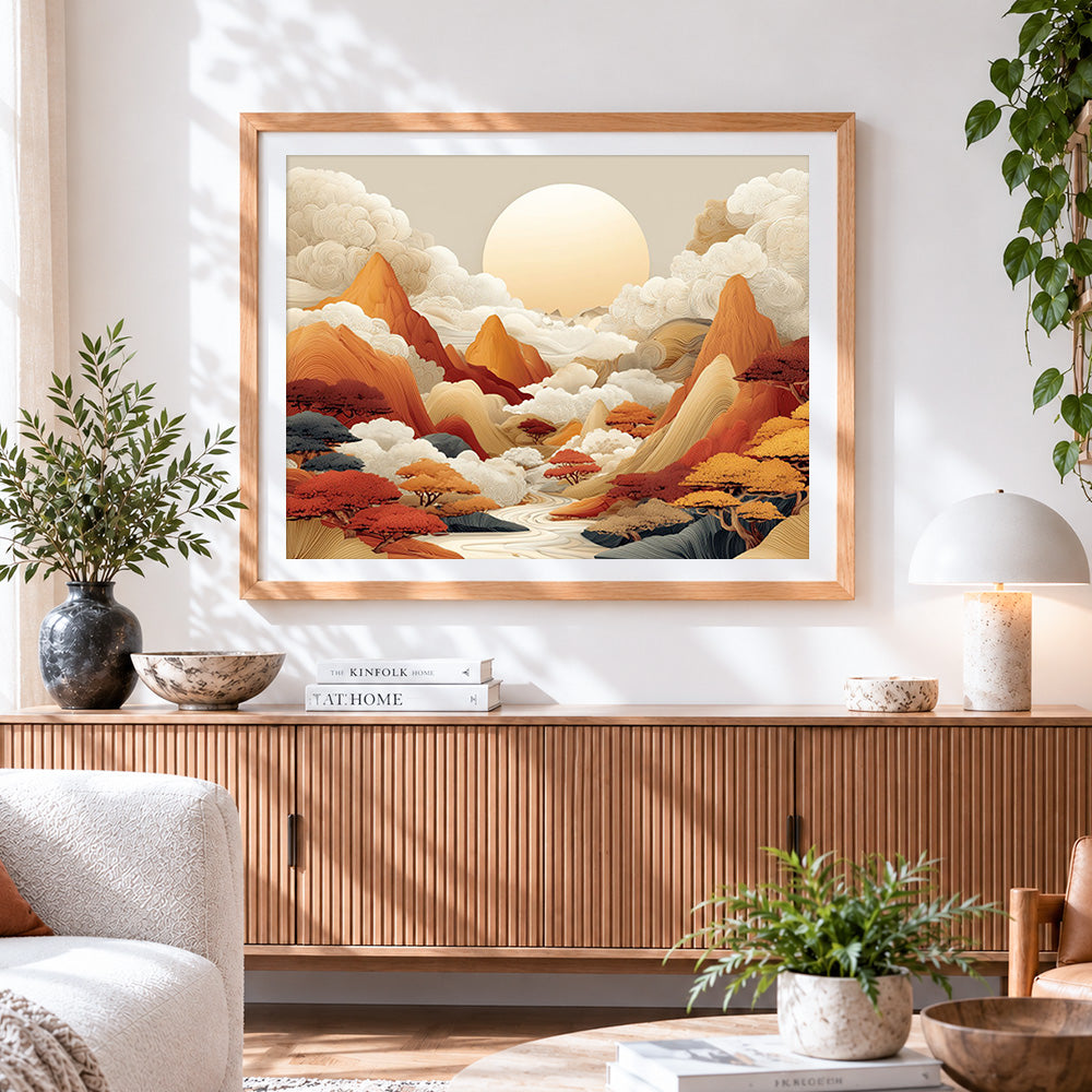 Finished zen clouds mountains and sun paint by numbers artwork displayed as home decor