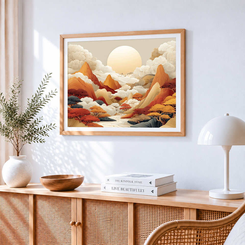 Zen clouds mountains and sun paint by numbers artwork displayed on wall as home decor