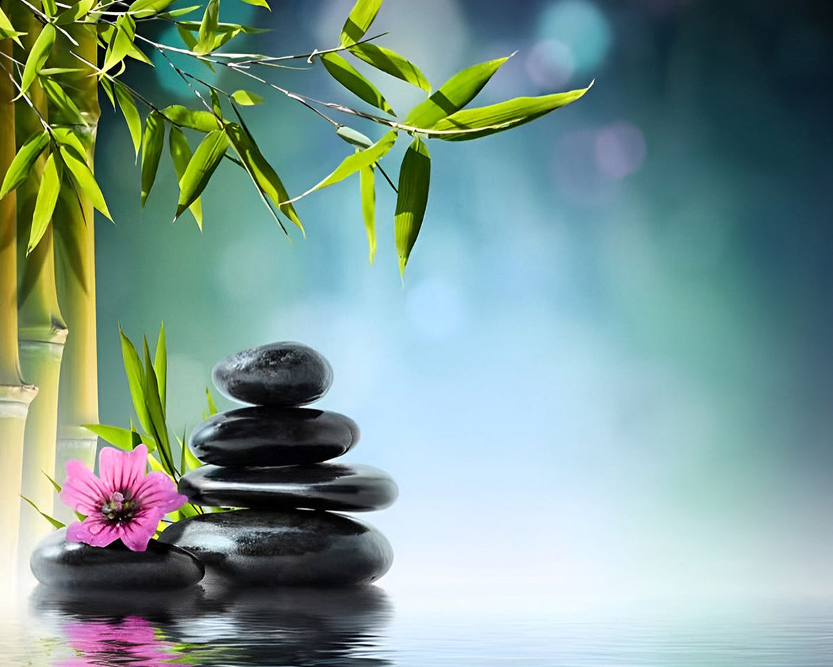 Zen spa stones with bamboo and pink flower cross stitch kit for beginners