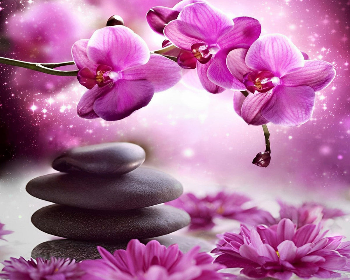 Zen stones and pink orchids cross stitch kit for beginners