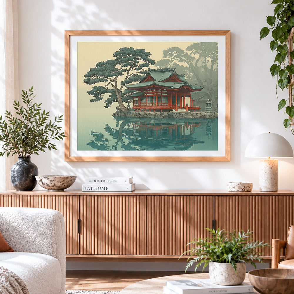 Finished zen temple reflection cross stitch artwork displayed