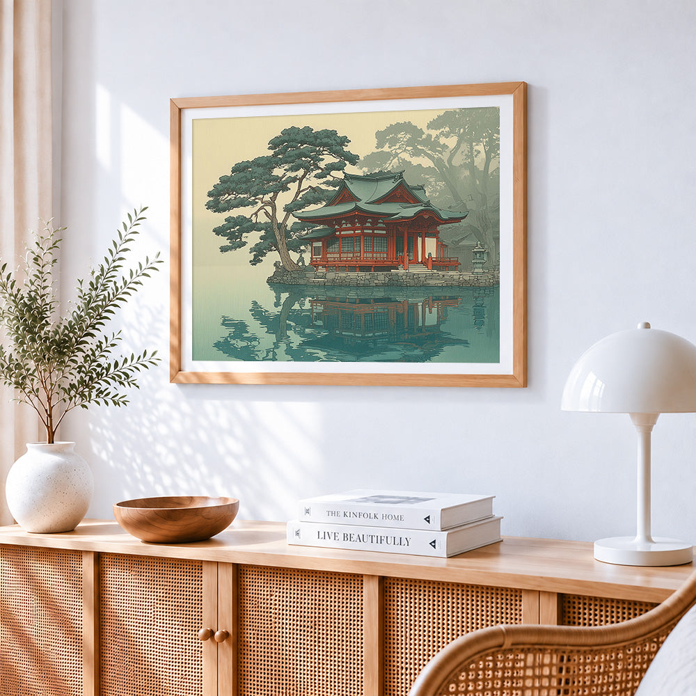 Zen temple reflection paint by numbers artwork displayed on wall as home decor
