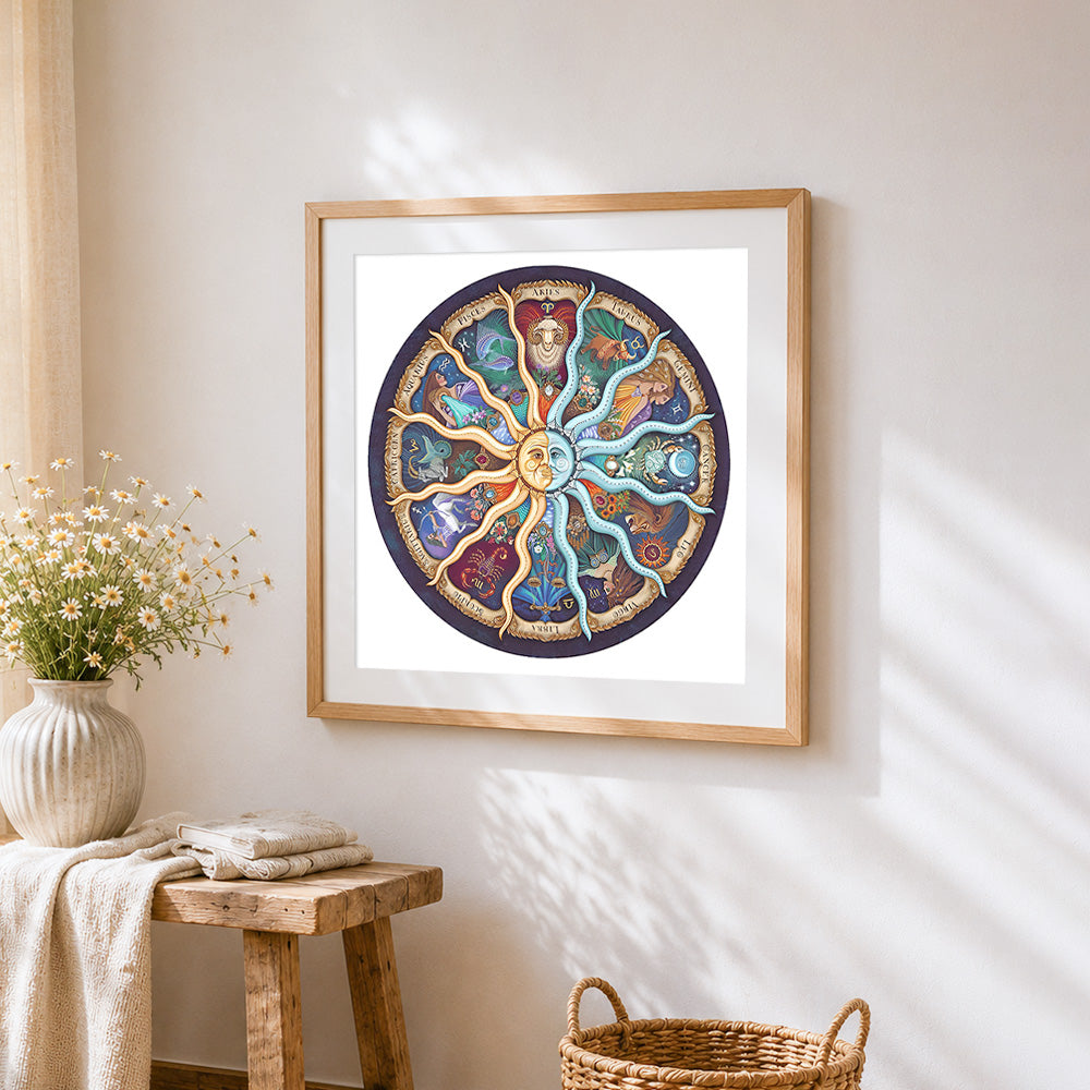 Zodiac astrology wheel cross stitch artwork displayed on wall as home decor